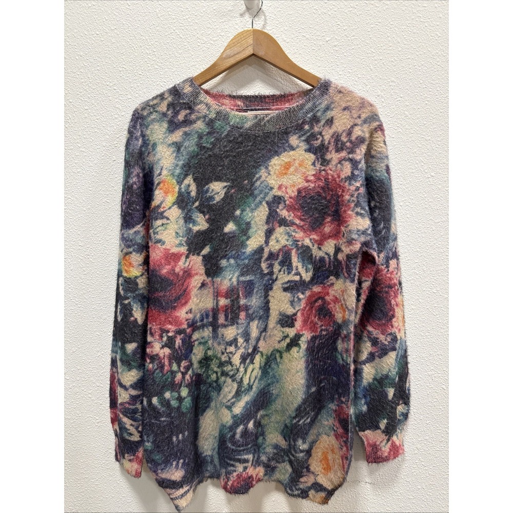 Simply Couture Women's‎ Pullover Sweater Fuzzy Floral Pink Blue Rose Size M